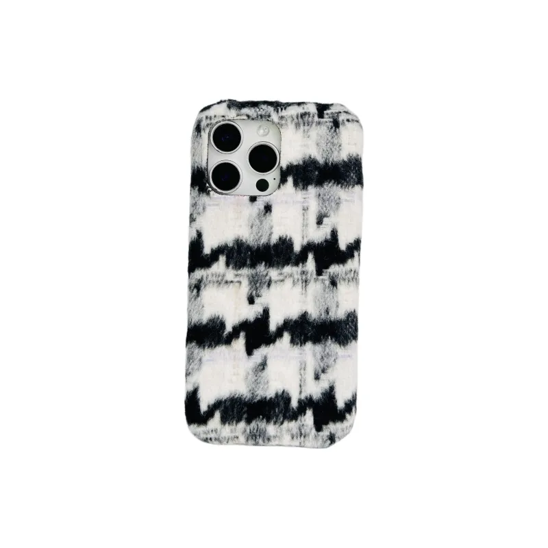 Wei Xin Plush Material Black Apricot Houndstooth Phone Cases Compatible With IPhone 16/15 Pro Max/Apple 13/14 Pro/Max-0