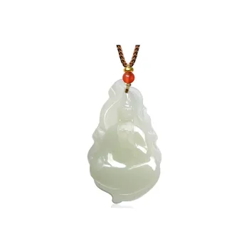 MARY WINDSOR Double Sided Fire Flame Guanyin Buddha Pendant Pale Greenish White Jade Unisex