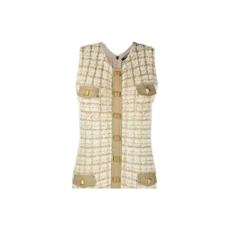BALMAIN Buttoned Sleeveless Tweed Mini Dress-1
