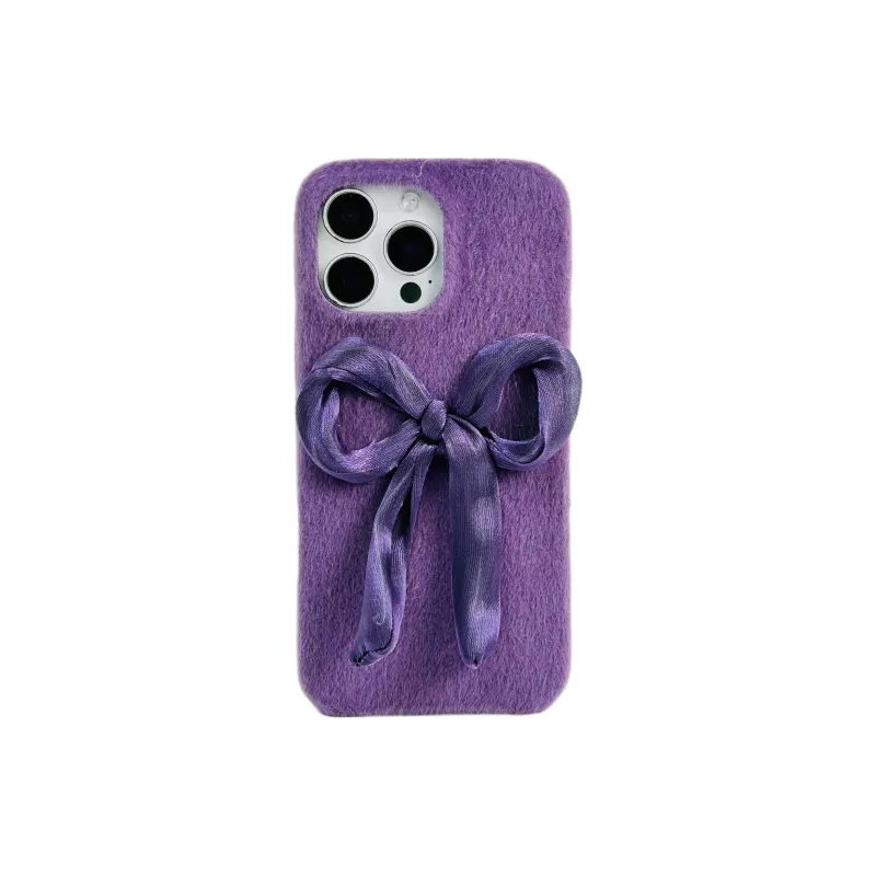 Wei Xin Plush Material Purple Plush Bowknot Phone Cases Compatible With IPhone 16/15 Pro Max/Apple 13/14 Pro/Max-0