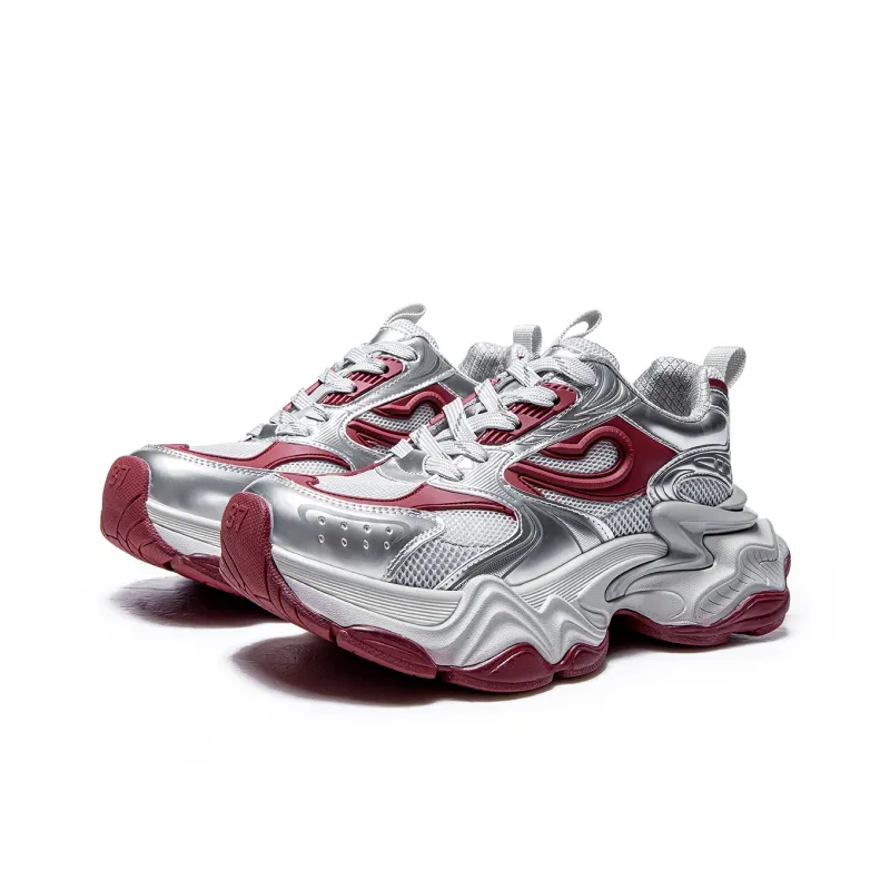 MQ Anti Slip Wear Resistant Low Top Chunky Sneakers Women's Silver Red-2
