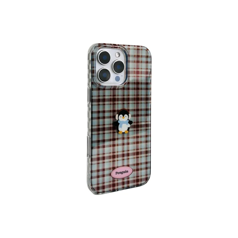 Wei Xin Acrylic Material Brown Plaid Penguin Phone Cases Compatible With IPhone 16/15 Pro Max/Apple 13/14 Pro/Max-1