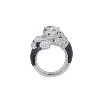 CARTIER 18K White Gold Diamond Onyx Emerald Rings Unisex Silver