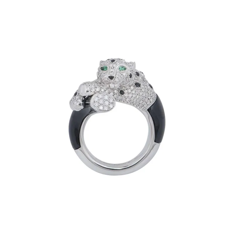 CARTIER 18K White Gold Diamond Onyx Emerald Rings Unisex Silver-0