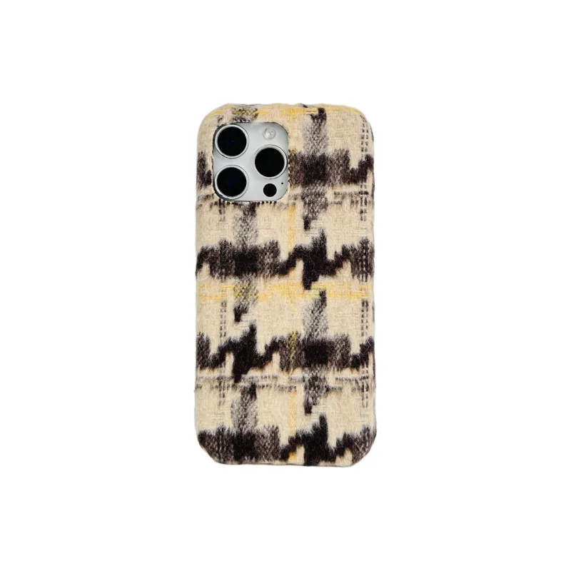 Wei Xin Plush Material Black Apricot Houndstooth Phone Cases Compatible With IPhone 16/15 Pro Max/Apple 13/14 Pro/Max-4