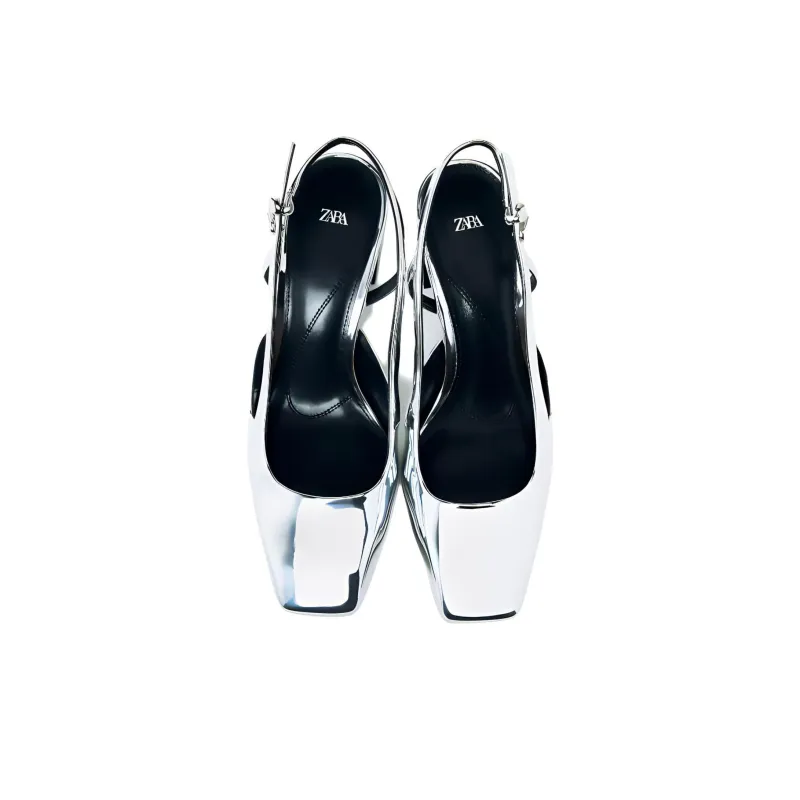 ZARA Chunky Heel High Heels 6.2cm Women's Silver-3