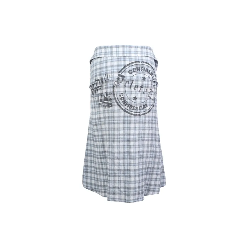 DeleteEX Casual Long Skirt Women's Gray Blue Plaid-1