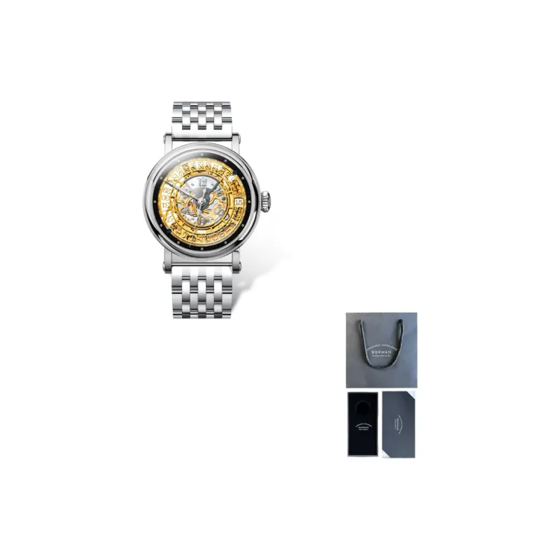 BORMAN Automatic Mechanical Movement Stainless Steel Watchband Watch Men's Watches Gold Dial-3