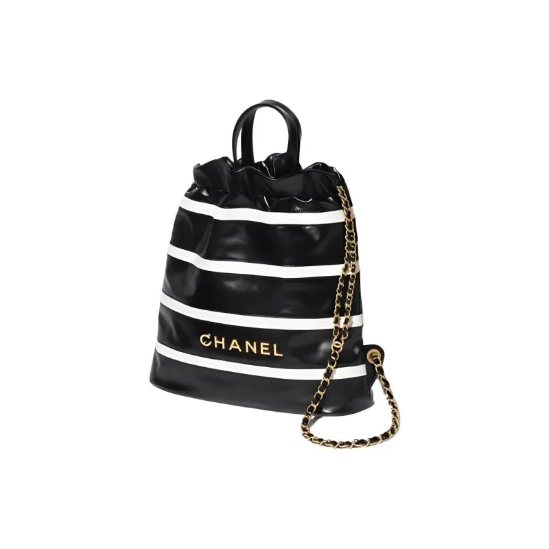 CHANEL 22Bag Cow Leather Shoulder Bag Women's Black White Stripes-1