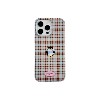Wei Xin Acrylic Material Brown Plaid Penguin Phone Cases Compatible With IPhone 16/15 Pro Max/Apple 13/14 Pro/Max