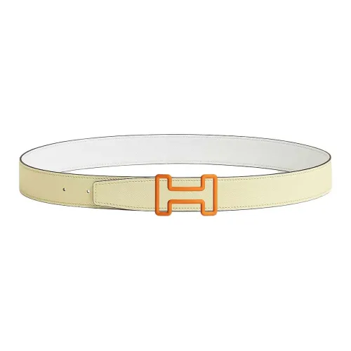 HERMES Calfskin Leather Belts Men's Yellow Milton/White Width 3.2CM