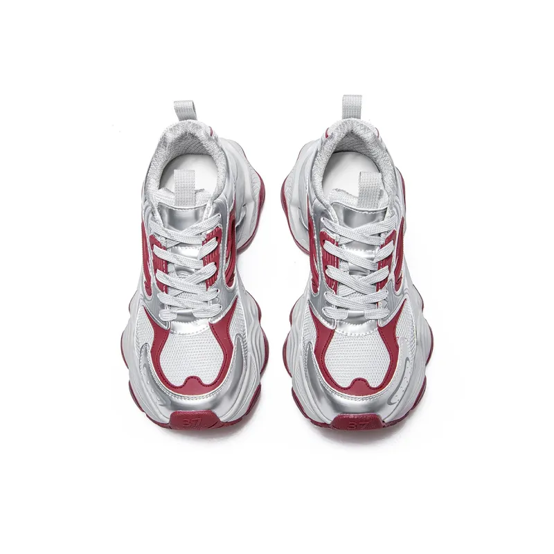 MQ Anti Slip Wear Resistant Low Top Chunky Sneakers Women's Silver Red-4