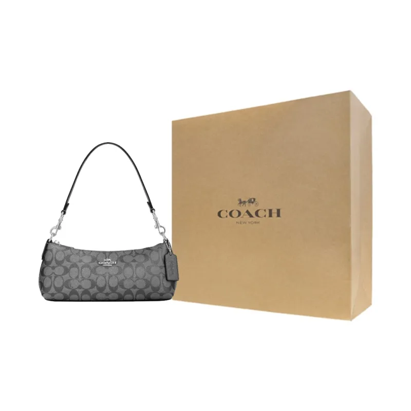 COACH Charlotte Coated Canvas Handbag Shoulder Bag Medium Size Women's Silver & Bronze Multicolor-7