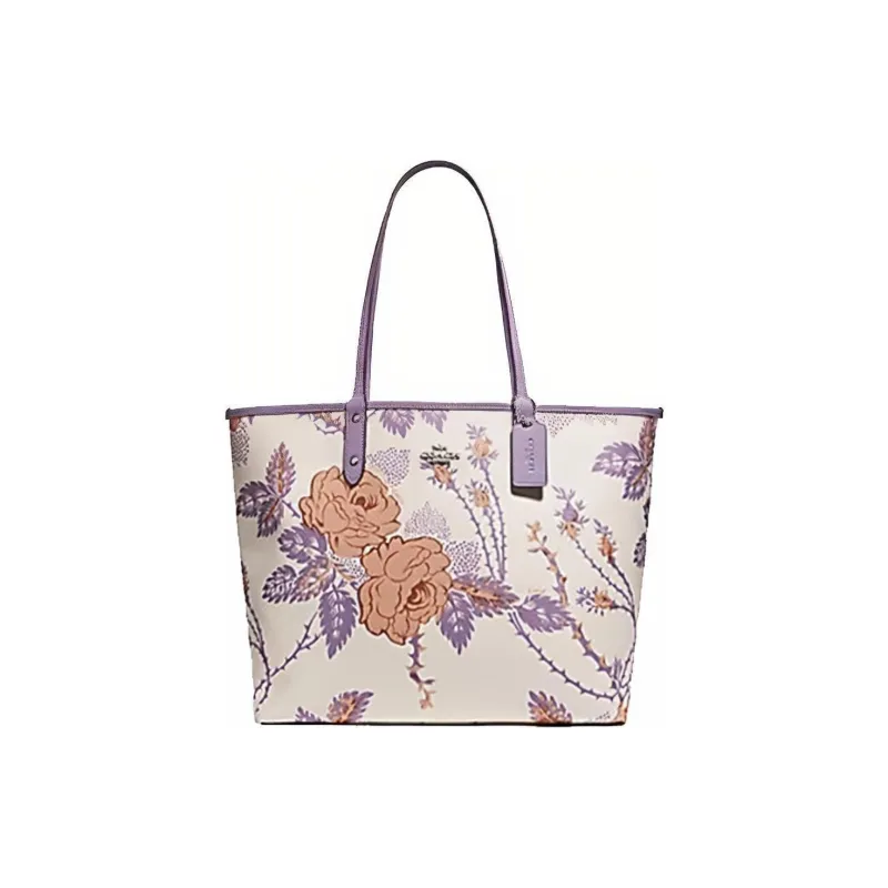 COACH City Canvas With Artificial Leather Tote Handbag Shoulder Bag Large Size Women's White Purple Multicolor-0