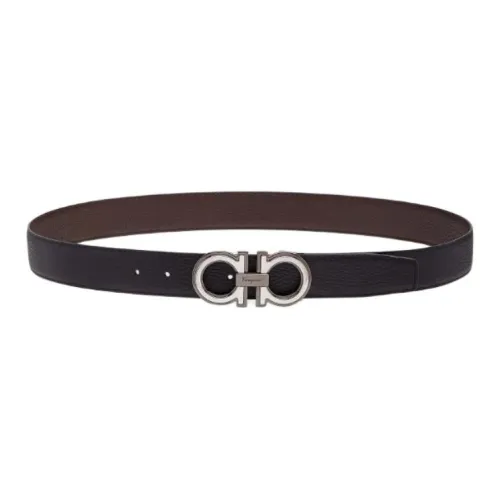 FERRAGAMO Calfskin Leather Belts Men's Black/Mountain Walnut Width 3.5CM