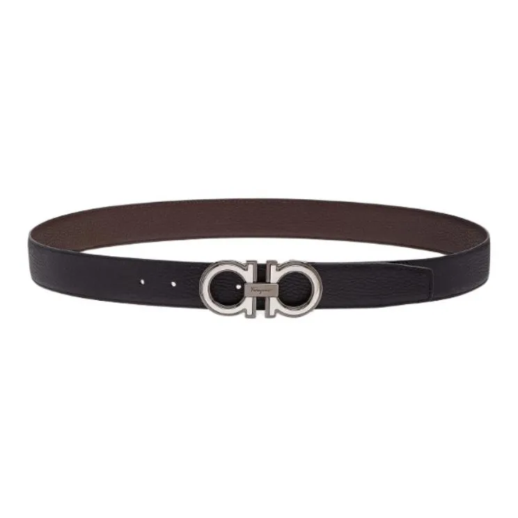 FERRAGAMO Calfskin Leather Belts Men's Black/Mountain Walnut Width 3.5CM-0
