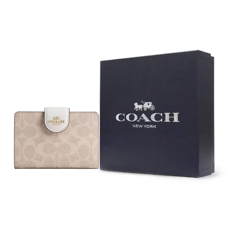 COACH Corner ZipSignature Coated Canvas Wallet Medium Size Women's Sand & Chalk-5