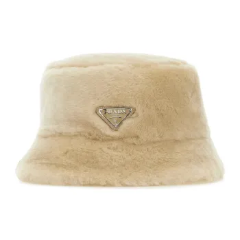 PRADA Shearling Enamel Metal Bucket Hats Women's Light Brown