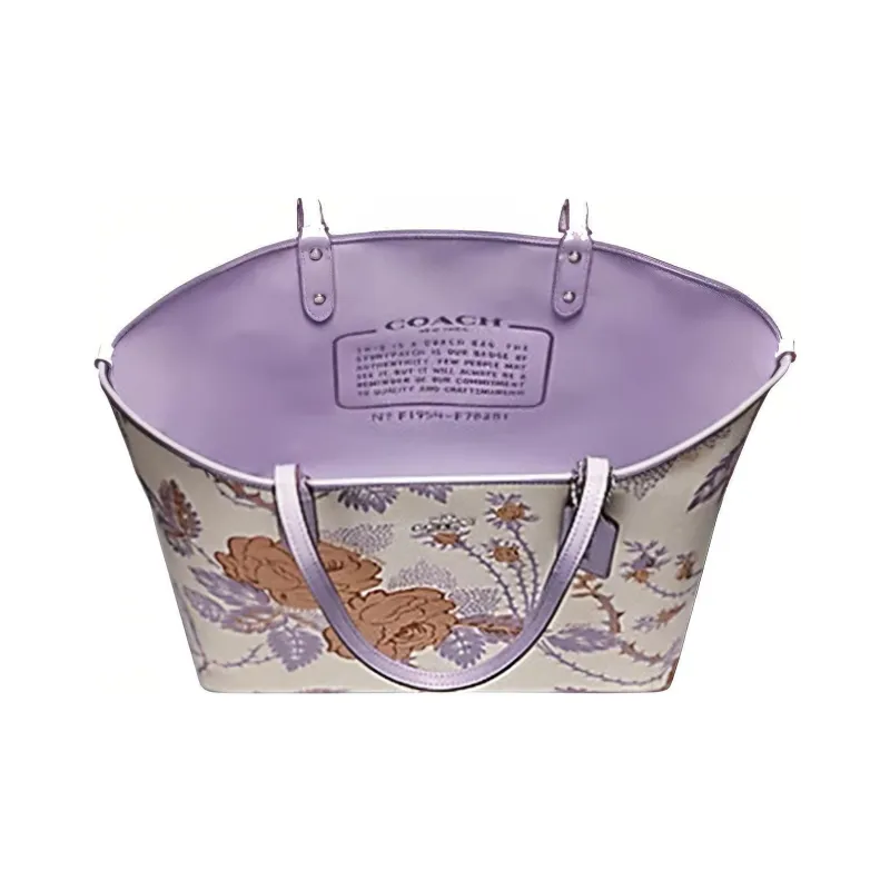 COACH City Canvas With Artificial Leather Tote Handbag Shoulder Bag Large Size Women's White Purple Multicolor-2