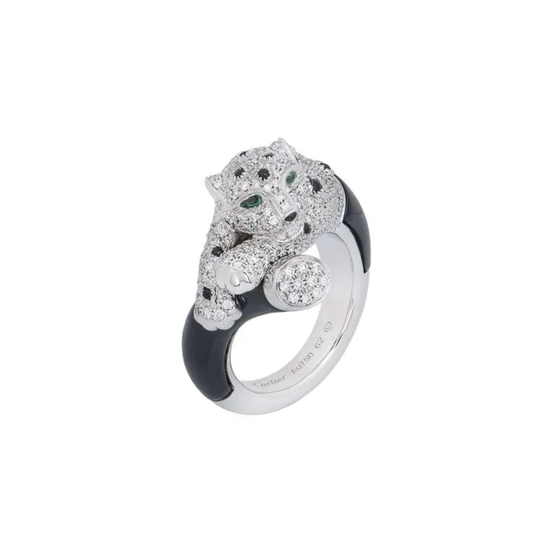 CARTIER 18K White Gold Diamond Onyx Emerald Rings Unisex Silver-1