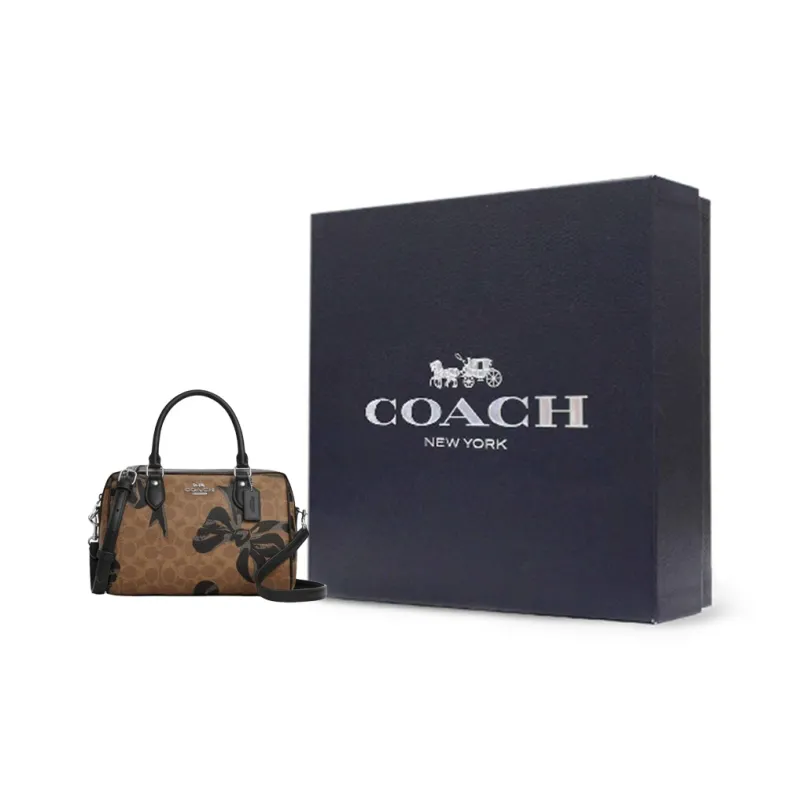 COACH Rowan Coated Canvas Crossbody Handbag Medium Size Women's Tan & Black-5