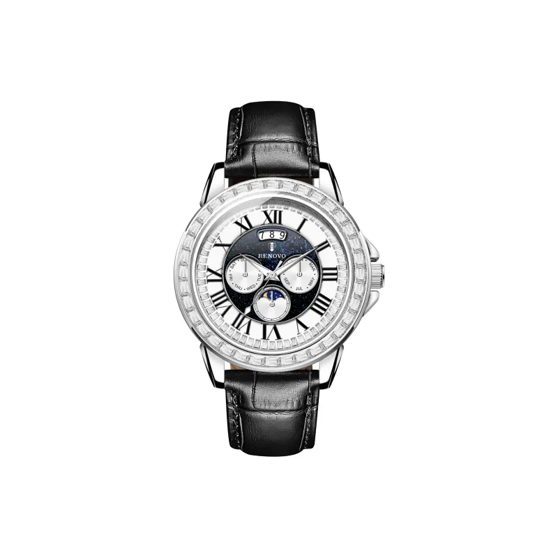 RENOVO Automatic Mechanical Movement Genuine Leather Strap Watch Men's Watches White Dial-0