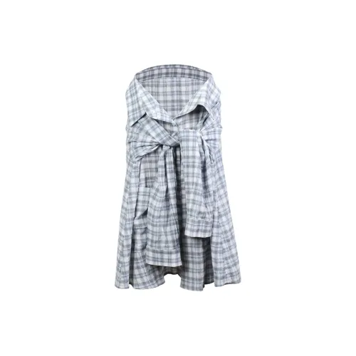 DeleteEX Casual Long Skirt Women's Gray Blue Plaid