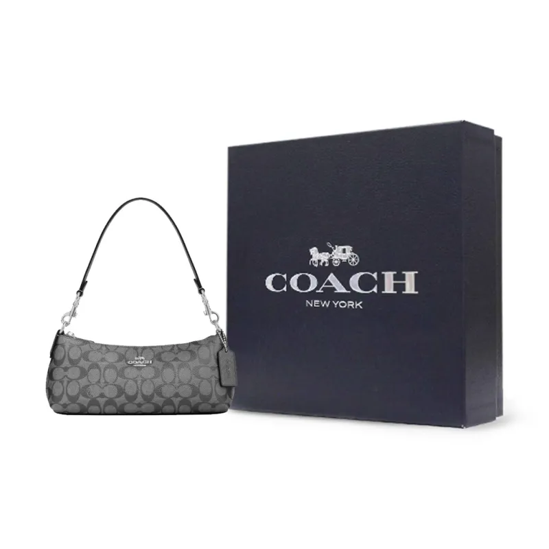 COACH Charlotte Coated Canvas Handbag Shoulder Bag Medium Size Women's Silver & Bronze Multicolor-5