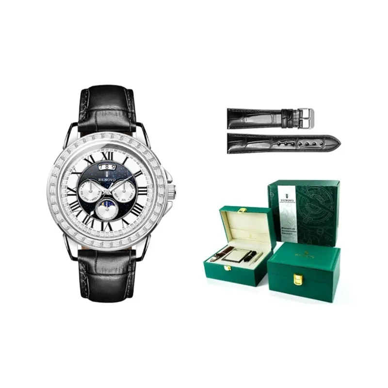 RENOVO Automatic Mechanical Movement Genuine Leather Strap Watch Men's Watches White Dial-14