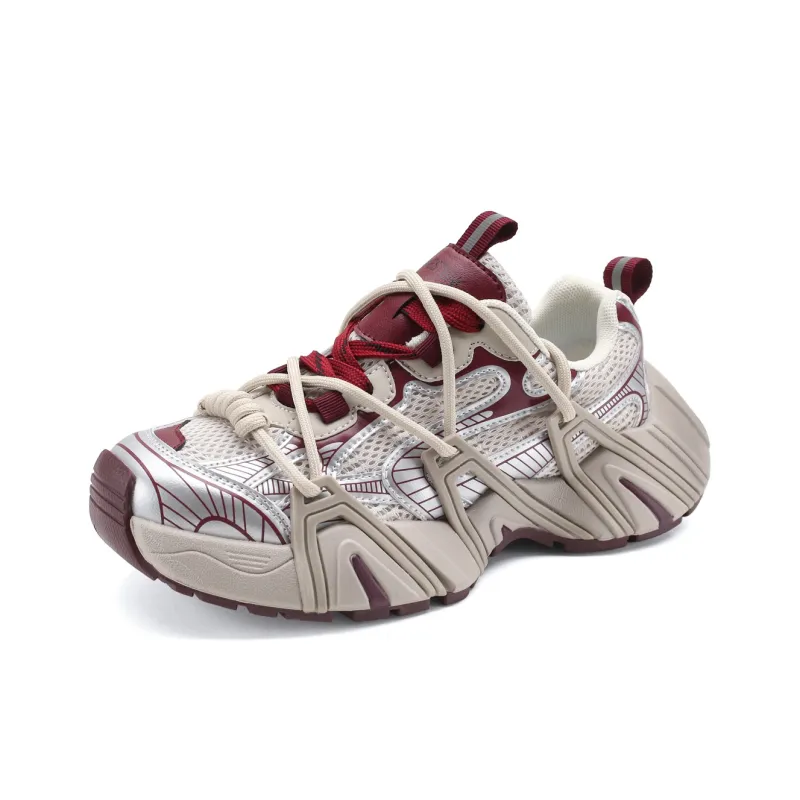 WESTLINK Breathable Lightweight Height Increasing Low-Top Chunky Sneakers Women's Beige/Red-1