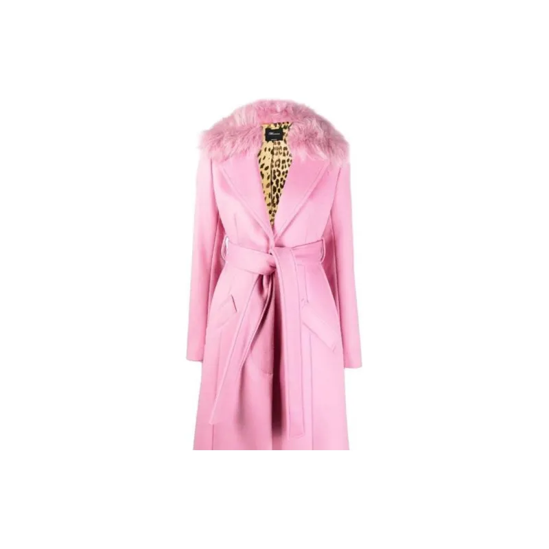Blumarine Tied Waist Faux Fur Collared Long Coat-4