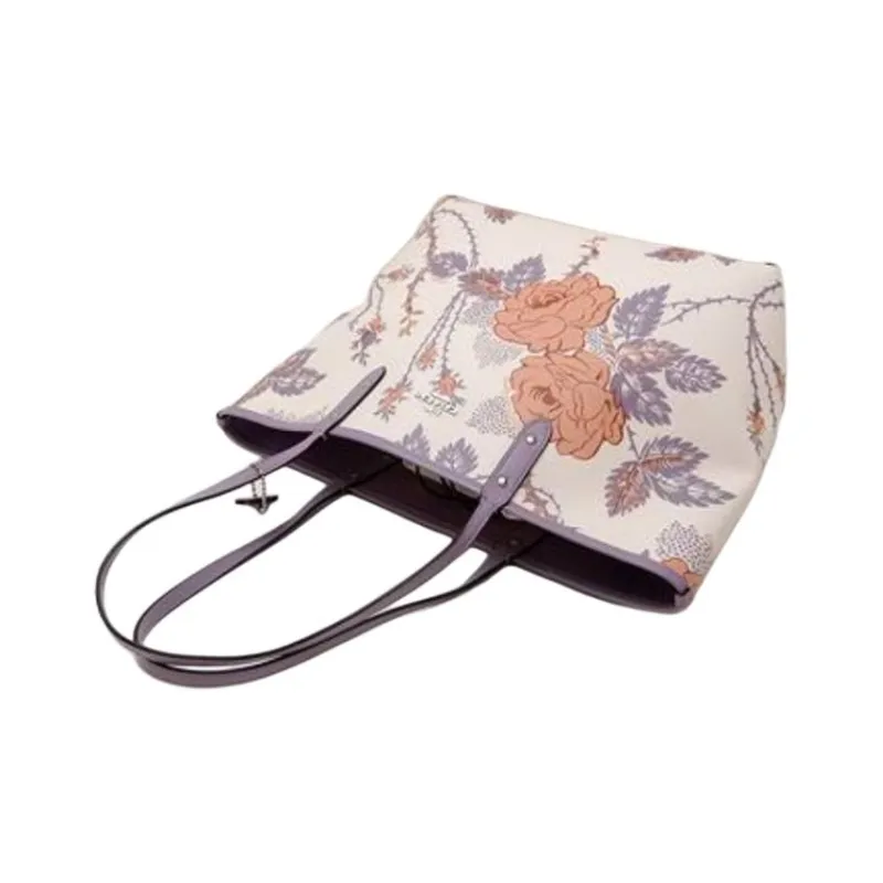 COACH City Canvas With Artificial Leather Tote Handbag Shoulder Bag Large Size Women's White Purple Multicolor-3