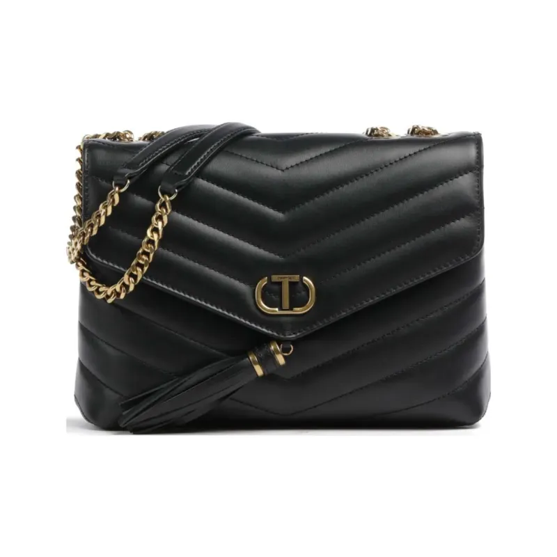 TWINSET MILANO Fine Grain Leather Shoulder Bag Women's Black-0