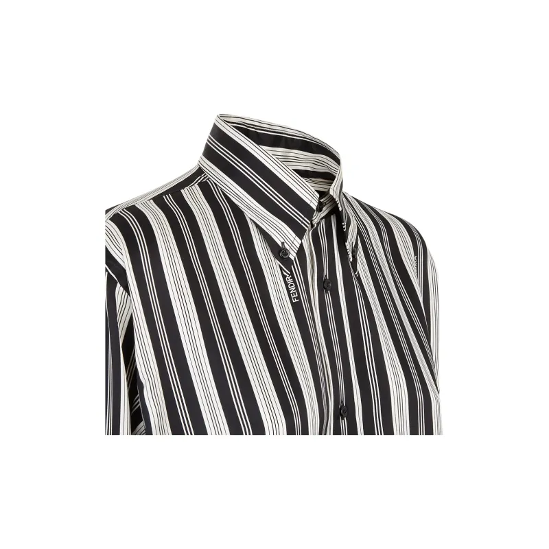 FENDI Striped Collared Long Sleeve Shirt-5