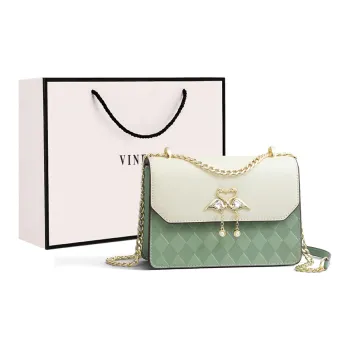 VINEY Cow Leather Small Square Bag Shoulder Bag Crossbody Bag Small Size Women's Ecru & Green