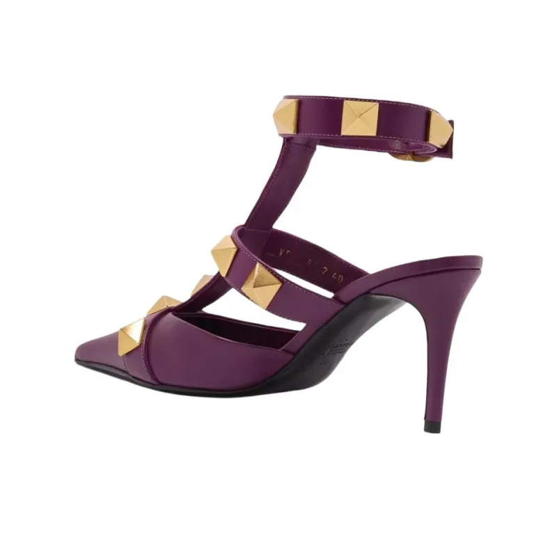 Valentino Roman Stud Slim Heel High Heels 8cm Women's Purple-3