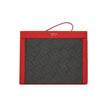 FERRAGAMO Polyurethane Patchwork With Cow Leather Clutch Men's Gray With Flame Red Accents