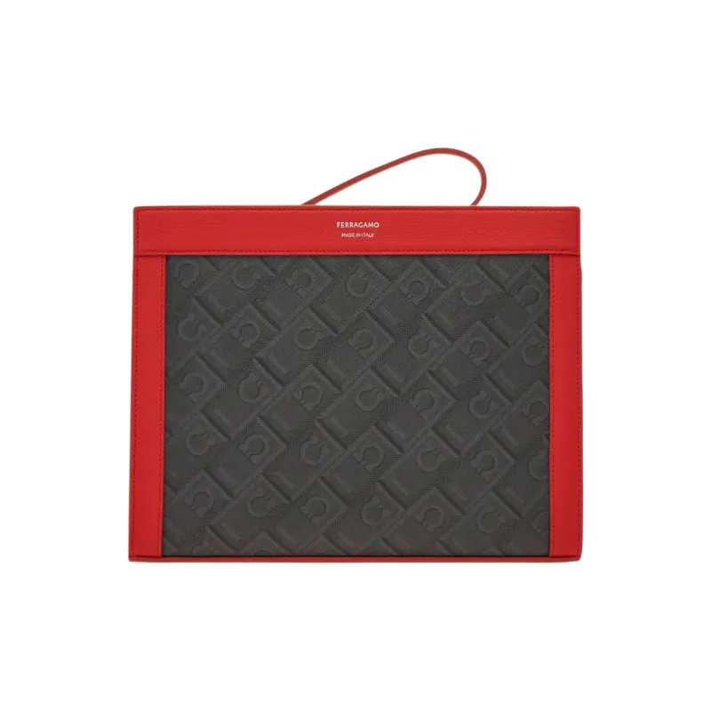 FERRAGAMO Polyurethane Patchwork With Cow Leather Clutch Men's Gray With Flame Red Accents-0