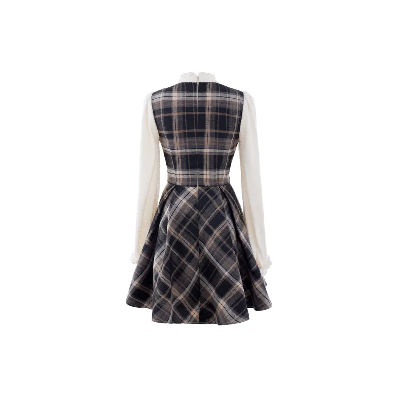 Blovelan Long Sleeved Dress Women's Brown Plaid Pattern-1