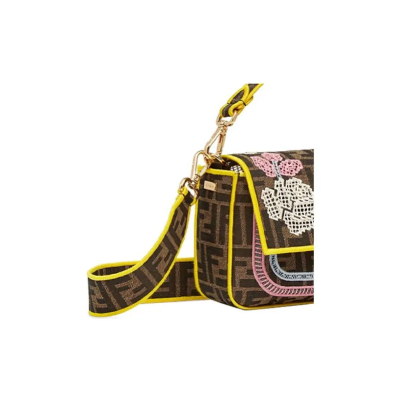 FENDI Baguette Jacquard Canvas Baguette Bag Portable Crossbody Bag Shoulder Bag Women's Brown/Yellow-3