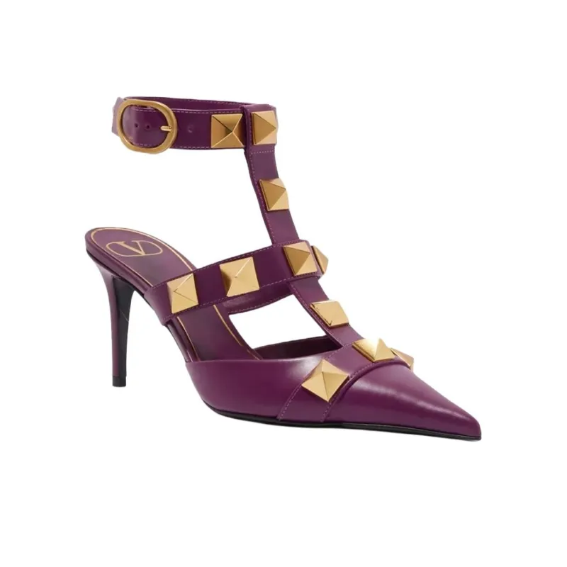 Valentino Roman Stud Slim Heel High Heels 8cm Women's Purple-2