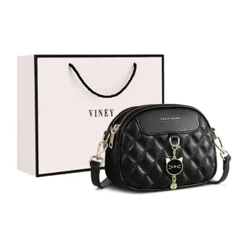VINEY Synthetic Leather Patchwork With Cow Leather Small Round Shoulder Bag Crossbody Bag Small Size Women's Black