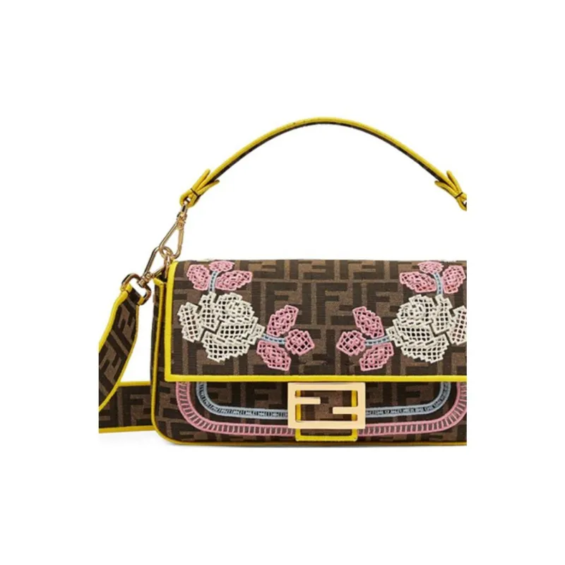 FENDI Baguette Jacquard Canvas Baguette Bag Portable Crossbody Bag Shoulder Bag Women's Brown/Yellow-4