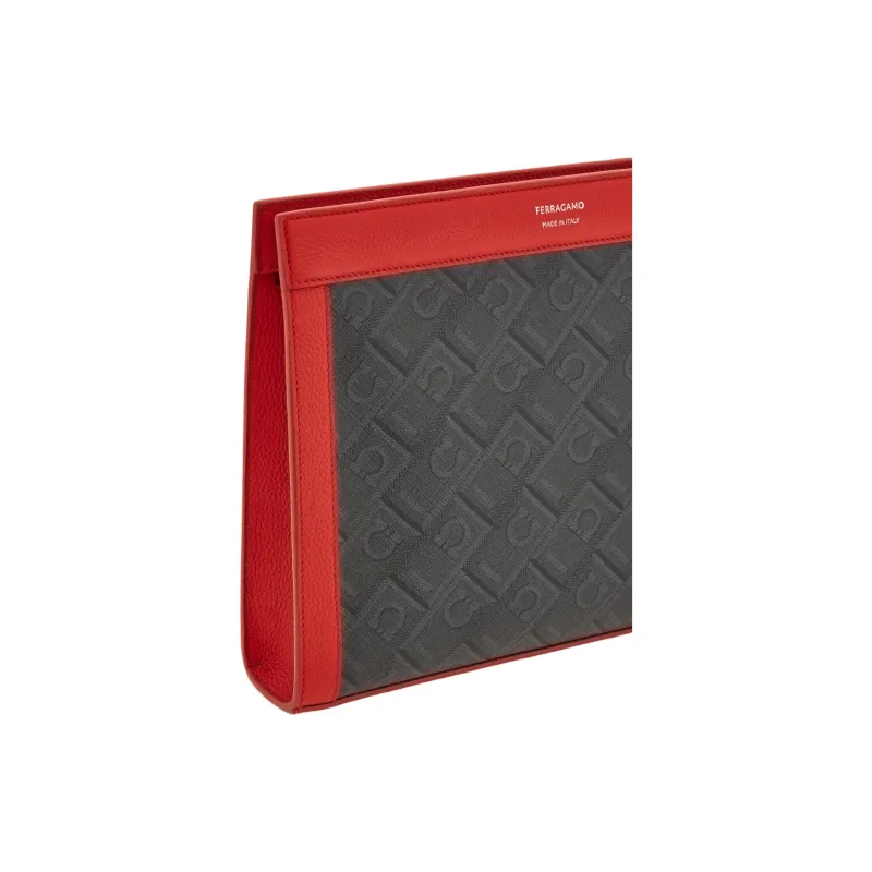 FERRAGAMO Polyurethane Patchwork With Cow Leather Clutch Men's Gray With Flame Red Accents-4
