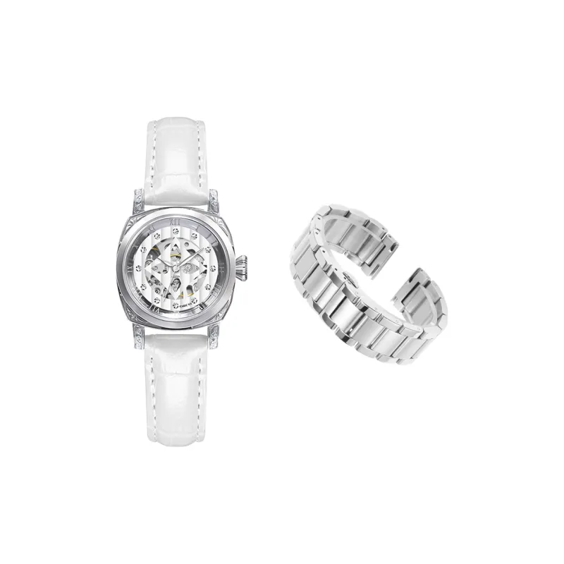 ORCO Automatic Mechanical Movement Cowhide Strap Watch Women's Watch White Dial-12