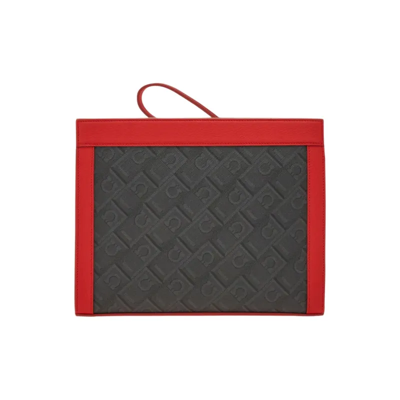 FERRAGAMO Polyurethane Patchwork With Cow Leather Clutch Men's Gray With Flame Red Accents-2