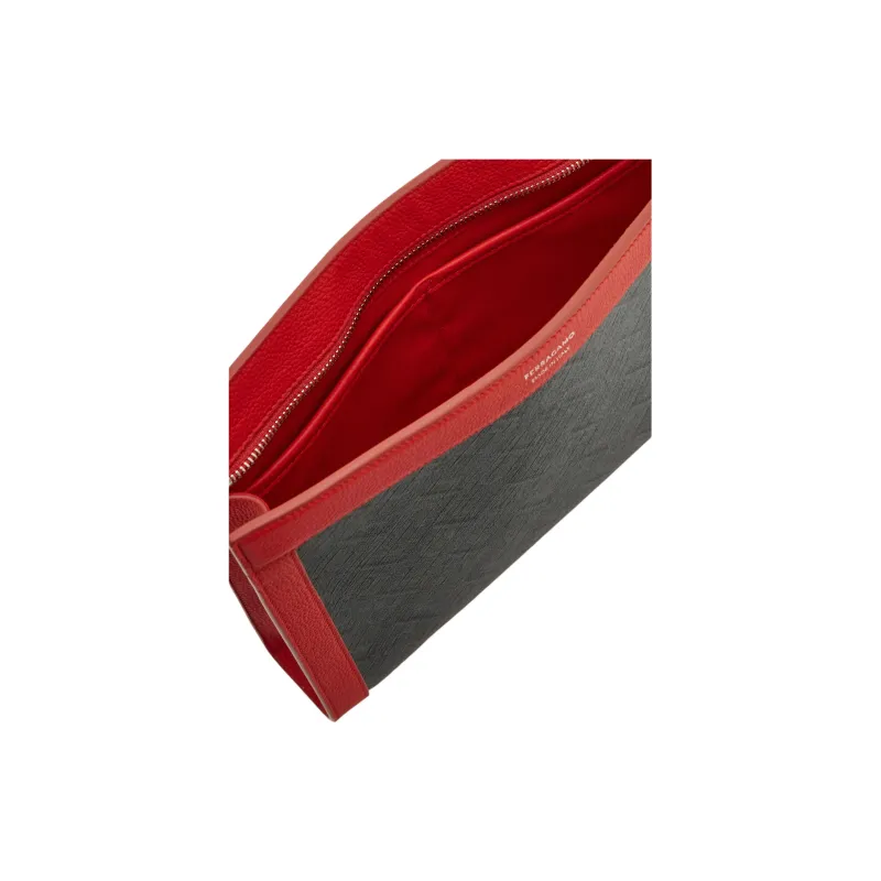 FERRAGAMO Polyurethane Patchwork With Cow Leather Clutch Men's Gray With Flame Red Accents-3