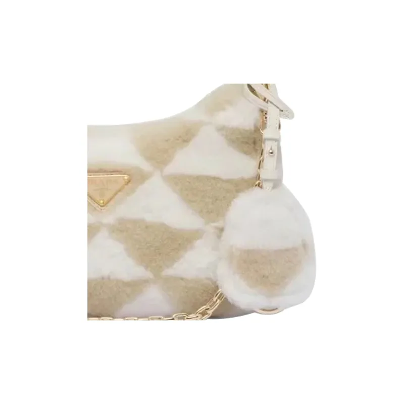 PRADA Plush Hobo Bag Fuzzy Shoulder Bag Handbag Women's Khaki/White-1