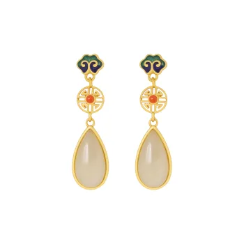 Heng Tai Jewelry Hetian Jade Earrings Pale Greenish White Jade Women's