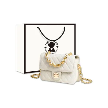 Teddy Bear Collection Camping Teddy Series Cow Leather Shoulder Bag Crossbody Bag Small Size Women's White